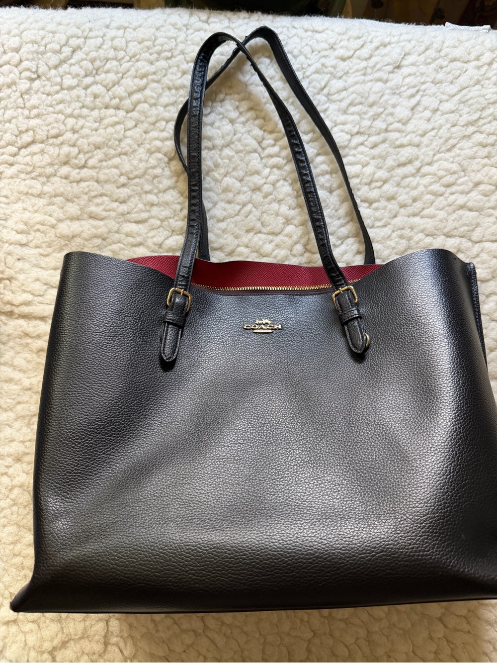 Coach Black Leather Tote with Red Interior Trim